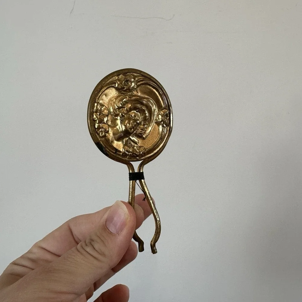 VTG Art Nouveau Small Hand Mirror Gold Lady's Face Purse